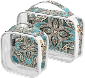 Traditional Floral Pattern 2 Pieces Clear Makeup Cosmetic Bags for Traveling Vacation Organizing, Toiletry Bags for Women Men, PVC Waterproof Travel Organizer