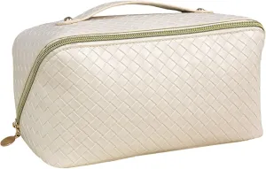 Travel Makeup Bags for Women, Waterproof Cosmetic Bag with Handle, Multifunction Organizer Case Portable Pouch PU, Large Capacity,White