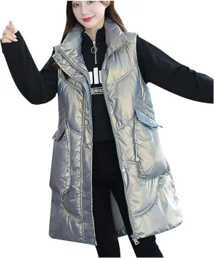tuduoms Women Vest Warm Winter Cotton Padded Long Vest Gilet Teen Girls Hooded Lightweight Zip Quilted Puffer Vest Waistcoat