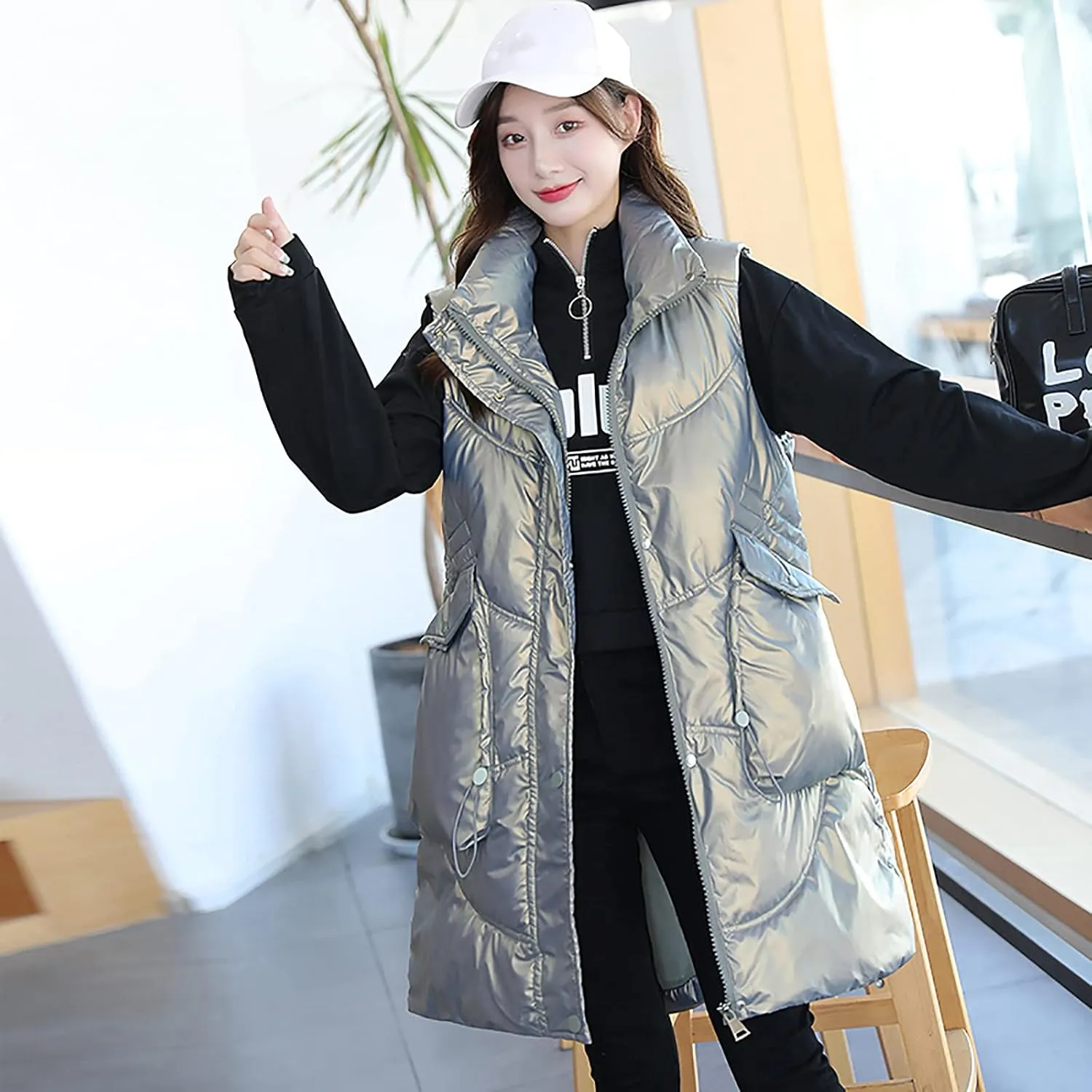 tuduoms Women Vest Warm Winter Cotton Padded Long Vest Gilet Teen Girls Hooded Lightweight Zip Quilted Puffer Vest Waistcoat