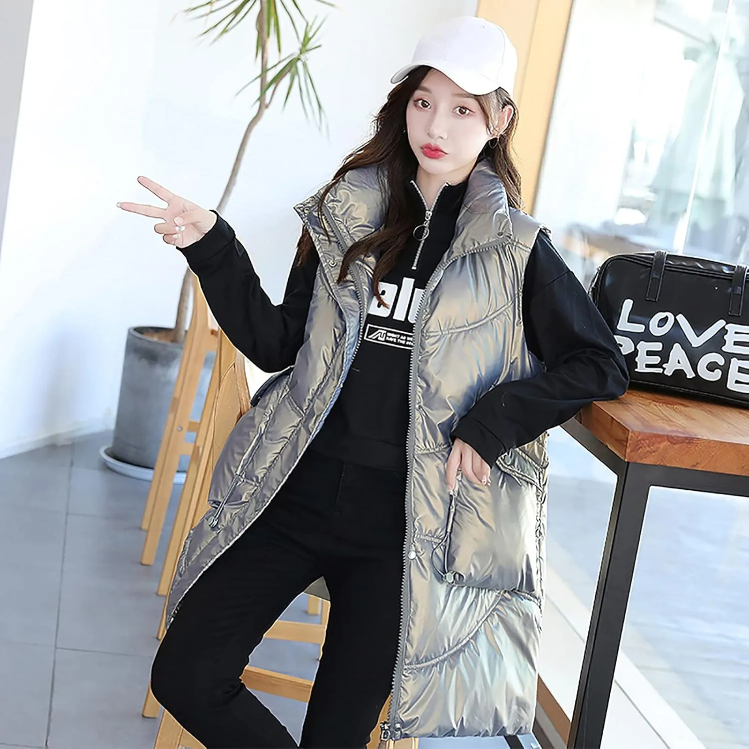 tuduoms Women Vest Warm Winter Cotton Padded Long Vest Gilet Teen Girls Hooded Lightweight Zip Quilted Puffer Vest Waistcoat