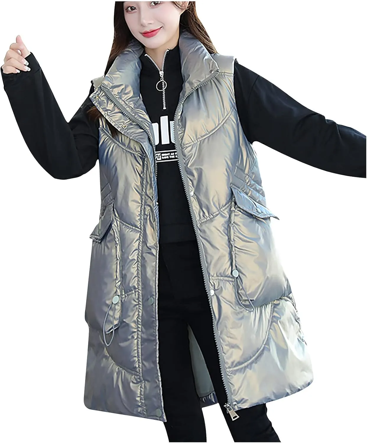 tuduoms Women Vest Warm Winter Cotton Padded Long Vest Gilet Teen Girls Hooded Lightweight Zip Quilted Puffer Vest Waistcoat