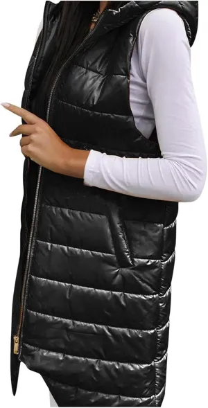 tuduoms Women's Vest Hooded Lightweight Zip Quilted Vest for Women, Winter Cotton Padded Zipper Long Vest Jacket Waistcoat
