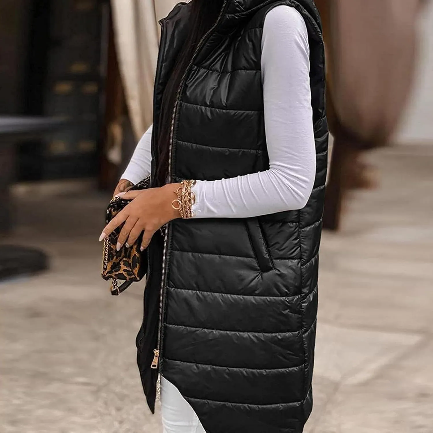 tuduoms Women's Vest Hooded Lightweight Zip Quilted Vest for Women, Winter Cotton Padded Zipper Long Vest Jacket Waistcoat