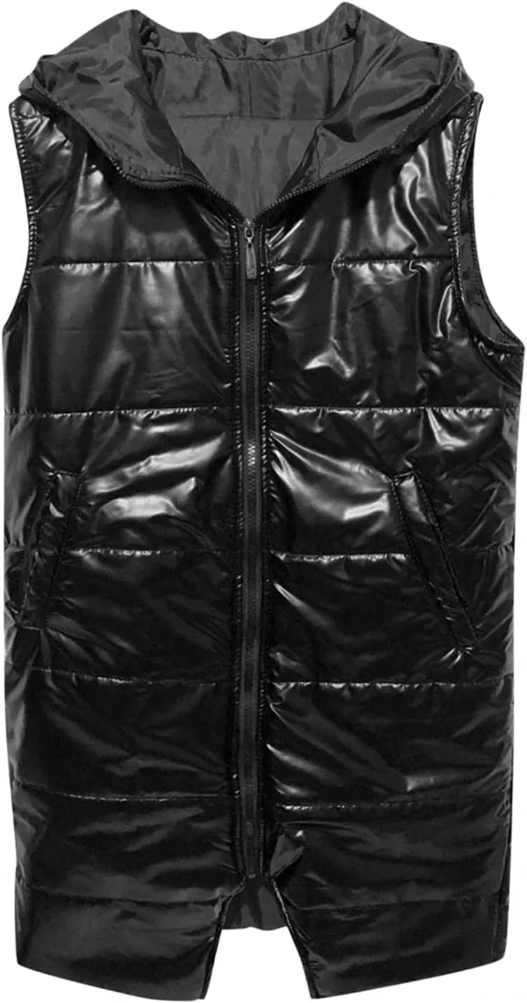 tuduoms Women's Vest Hooded Lightweight Zip Quilted Vest for Women, Winter Cotton Padded Zipper Long Vest Jacket Waistcoat