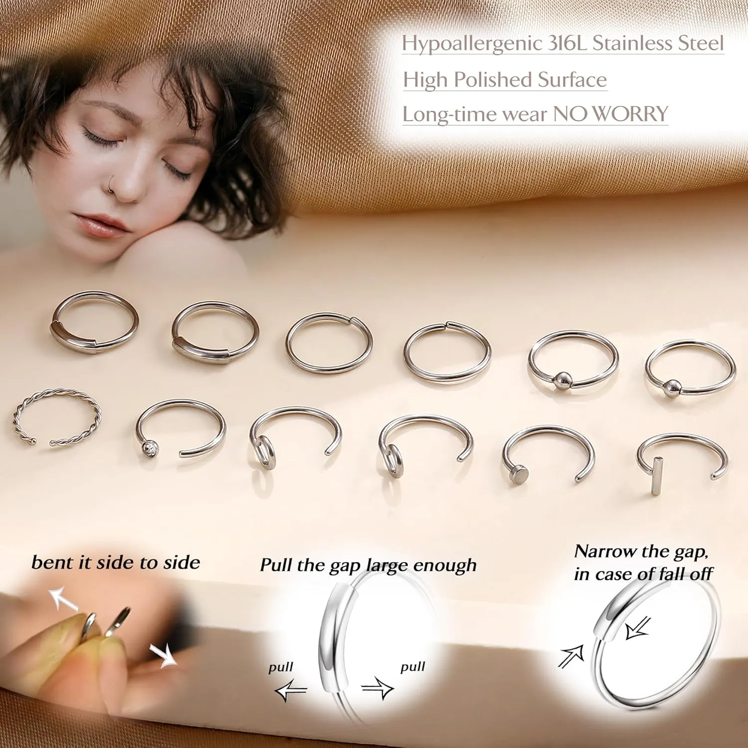 UBGICIG 20 Pcs 20G Nose Rings Hoop Studs Sets for Women 316L Surgical Stainless Steel Screw Silver Gold Black Hypoallergenic Nostril Piercing Jewelry