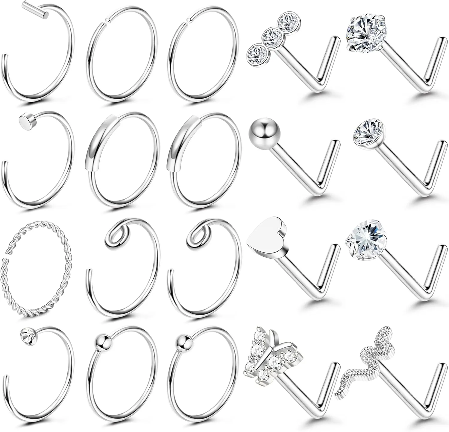 UBGICIG 20 Pcs 20G Nose Rings Hoop Studs Sets for Women 316L Surgical Stainless Steel Screw Silver Gold Black Hypoallergenic Nostril Piercing Jewelry