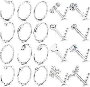 UBGICIG 20 Pcs 20G Nose Rings Hoop Studs Sets for Women 316L Surgical Stainless Steel Screw Silver Gold Black Hypoallergenic Nostril Piercing Jewelry