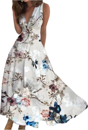 Vacation Dresses for Women Deep V Neck Floral Cute Long Dress Swing Casual Maxi Dresses Sleeveless Sexy Elegant Dress