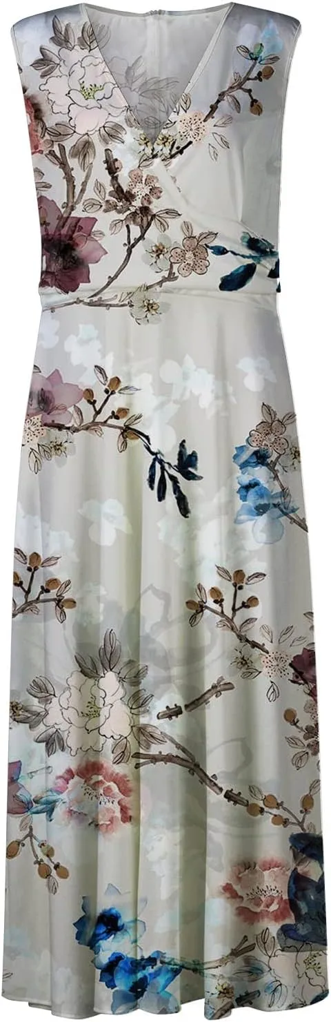 Vacation Dresses for Women Deep V Neck Floral Cute Long Dress Swing Casual Maxi Dresses Sleeveless Sexy Elegant Dress