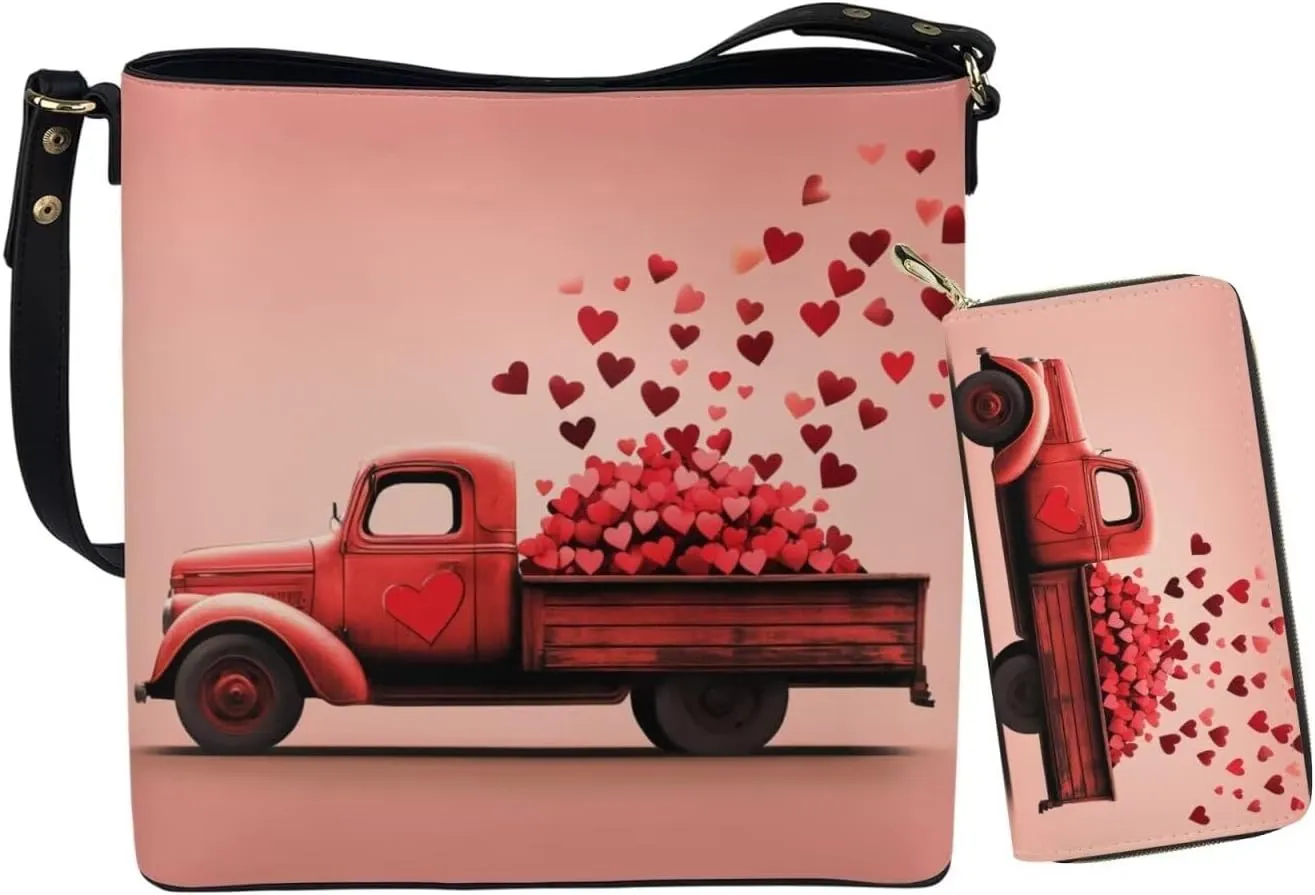 Valentine's Day Leather Tote Bag for Women Card Slots Wallet 2 Piece Set