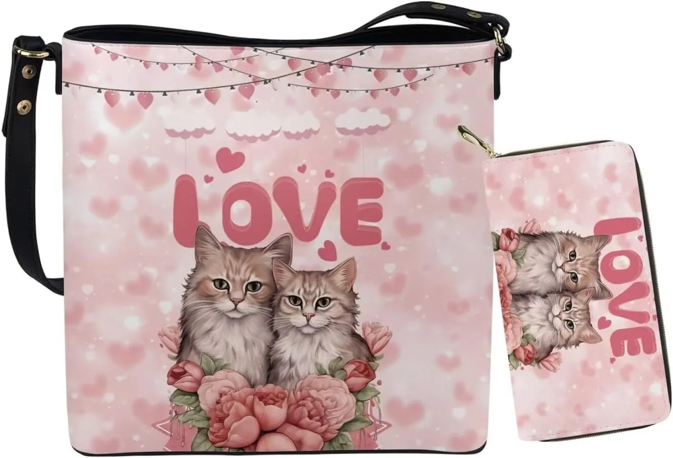 Valentine's Day Leather Tote Bag for Women Card Slots Wallet 2 Piece Set
