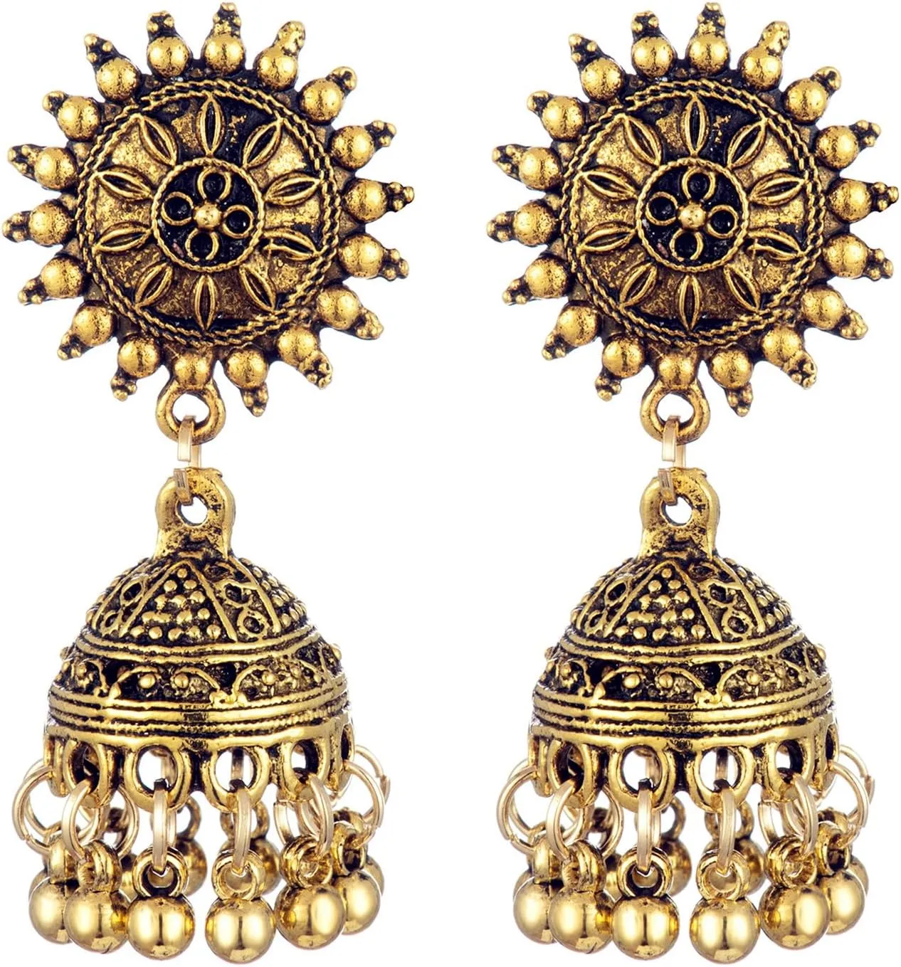 Vintage Bell Tassel Indian Earrings for Women Gold Silver Plated Bohemian Handmade Bollywood Gypsy Antiqued Tibetan Lightweight Jhumka Dangle Drop Earrings for Boho Style Traditional Jewelry Gifts