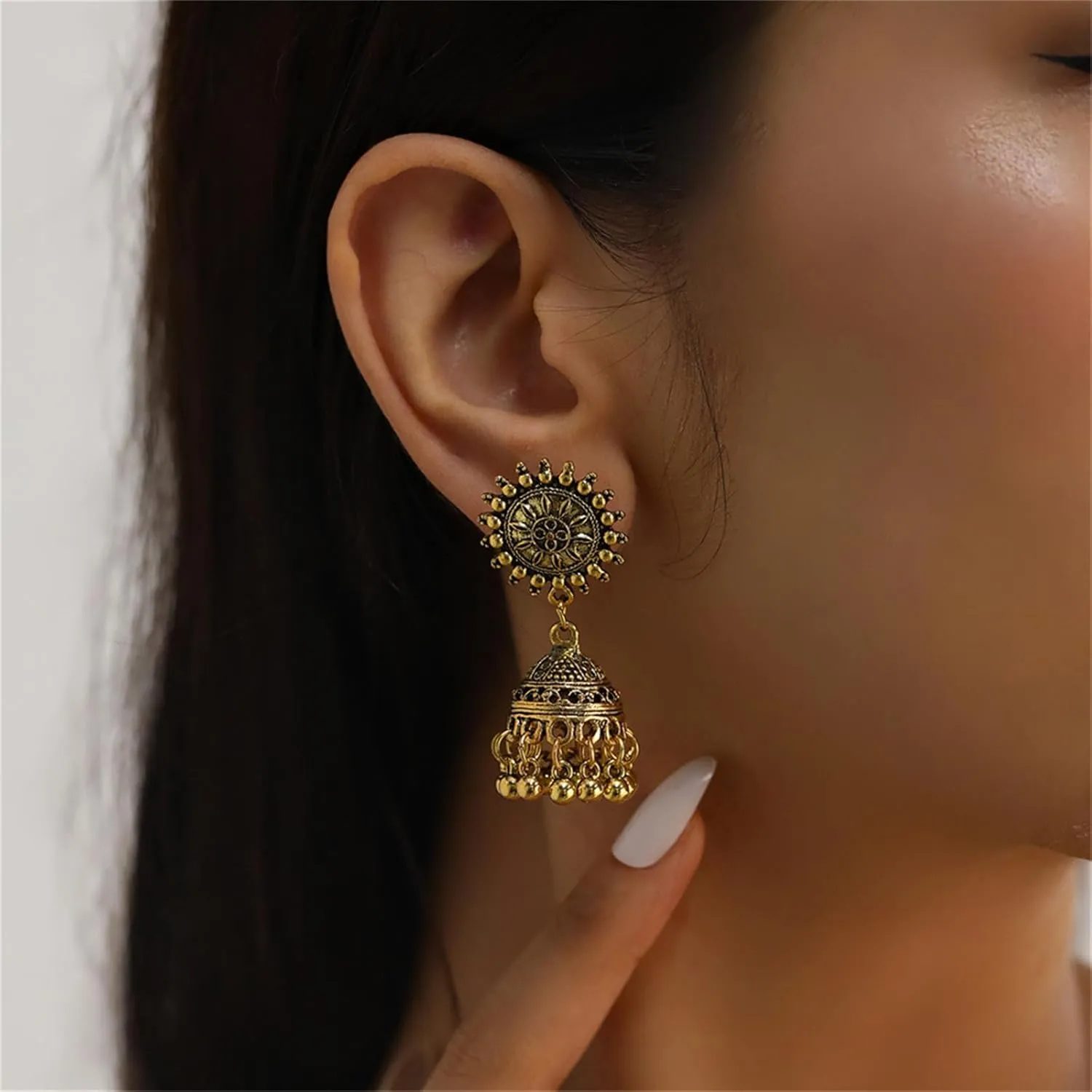 Vintage Bell Tassel Indian Earrings for Women Gold Silver Plated Bohemian Handmade Bollywood Gypsy Antiqued Tibetan Lightweight Jhumka Dangle Drop Earrings for Boho Style Traditional Jewelry Gifts