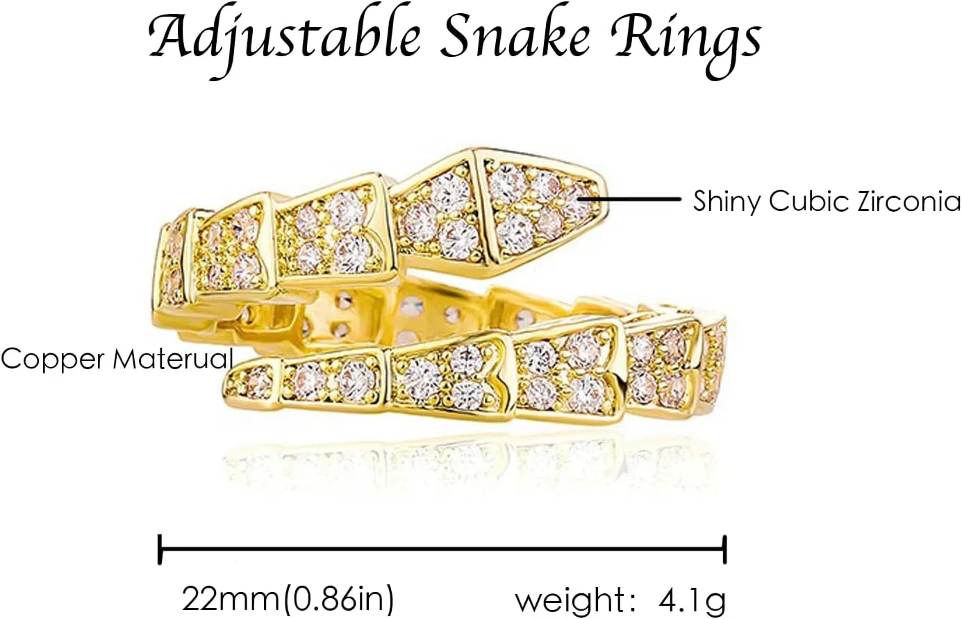 Vintage Snake Rings for Women Cubic Zirconia Spinel Diamond Open Adjustable Silver Plated Promise Statement Rings for Lady Women Birthday Anniversary Party Gold Plated
