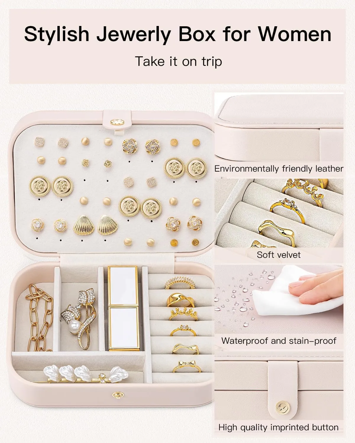 Vlando Travel Jewelry Case, PU Leather Travel Jewelry Box with Earring Holder, Portable Display Small Jewelry Box for Mothers Day Women Girls Gift - Pink