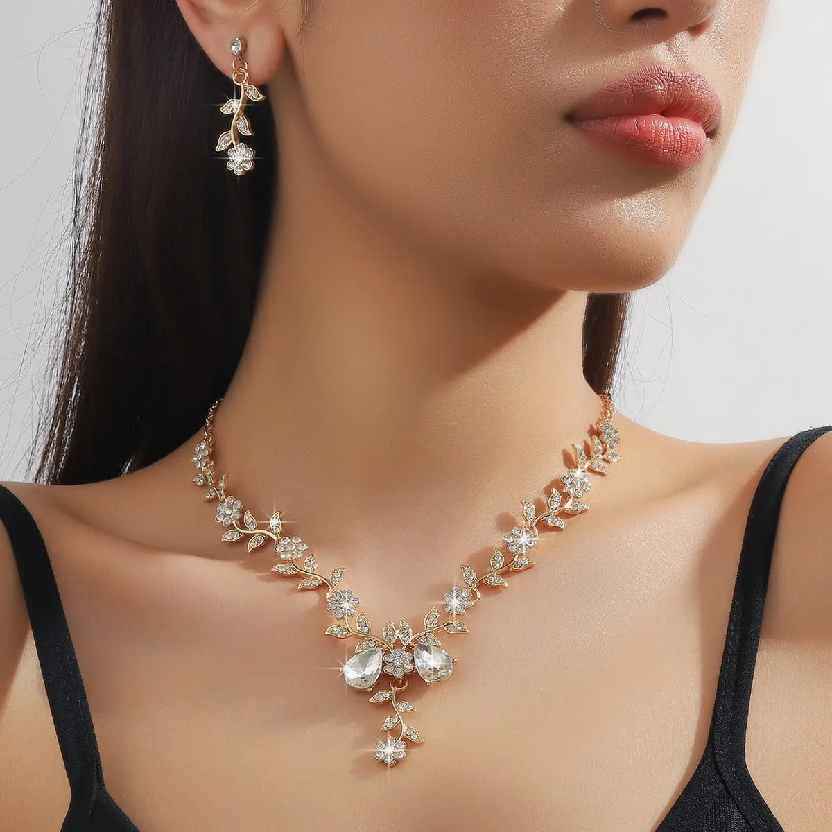 Wedding Jewelry Set for Women,Dainty Bridal Crystal Rhinestone Flower Pendant Necklace Earrings Trendy Brides Bridesmaids Jewelry Set Green St.Patrick's Day Festival Costume Jewelry Set