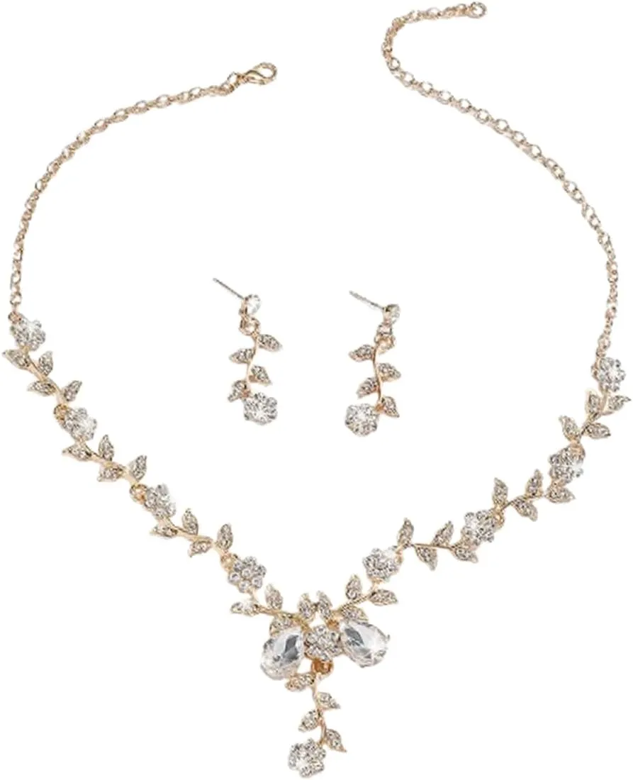 Wedding Jewelry Set for Women,Dainty Bridal Crystal Rhinestone Flower Pendant Necklace Earrings Trendy Brides Bridesmaids Jewelry Set Green St.Patrick's Day Festival Costume Jewelry Set
