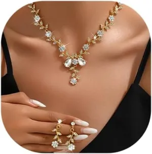 Wedding Jewelry Set for Women,Dainty Bridal Crystal Rhinestone Flower Pendant Necklace Earrings Trendy Brides Bridesmaids Jewelry Set Green St.Patrick's Day Festival Costume Jewelry Set