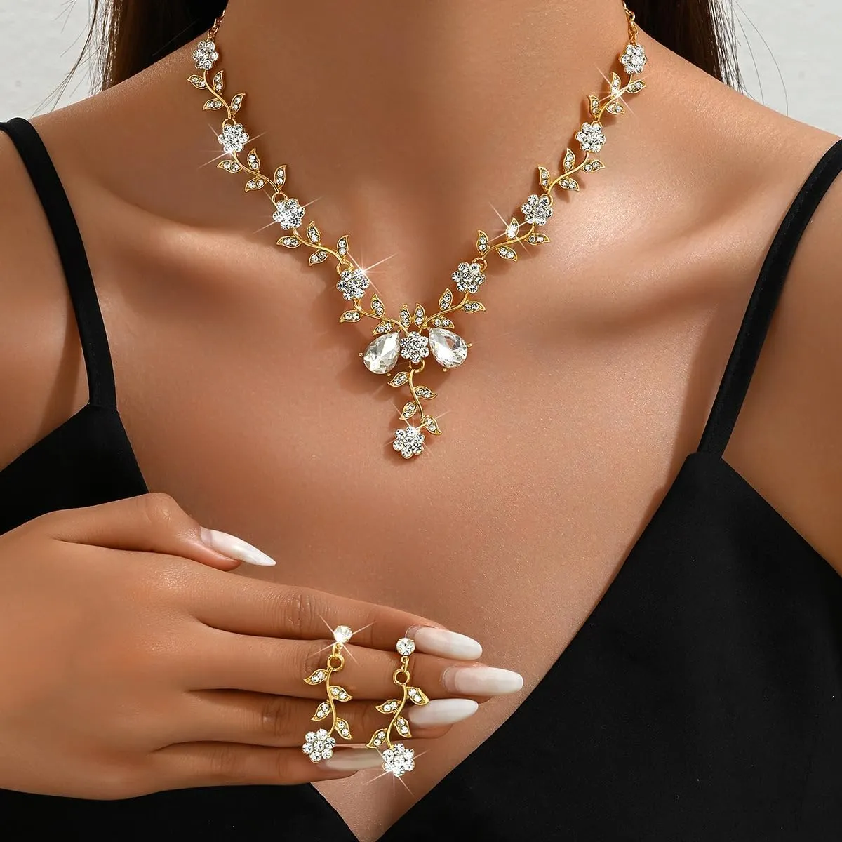 Wedding Jewelry Set for Women,Dainty Bridal Crystal Rhinestone Flower Pendant Necklace Earrings Trendy Brides Bridesmaids Jewelry Set Green St.Patrick's Day Festival Costume Jewelry Set