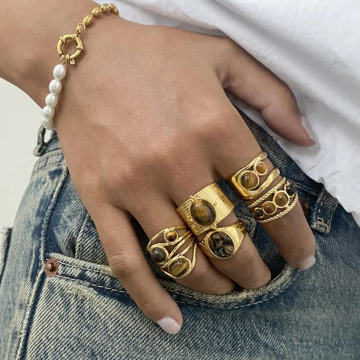 Western Captivating Tiger's Eye Stone Ring, 8 * 10mm Oval Gemstone 18K Gold Plated Stack Wide Ribbed Texture Band Statement Ring for Women Size 8