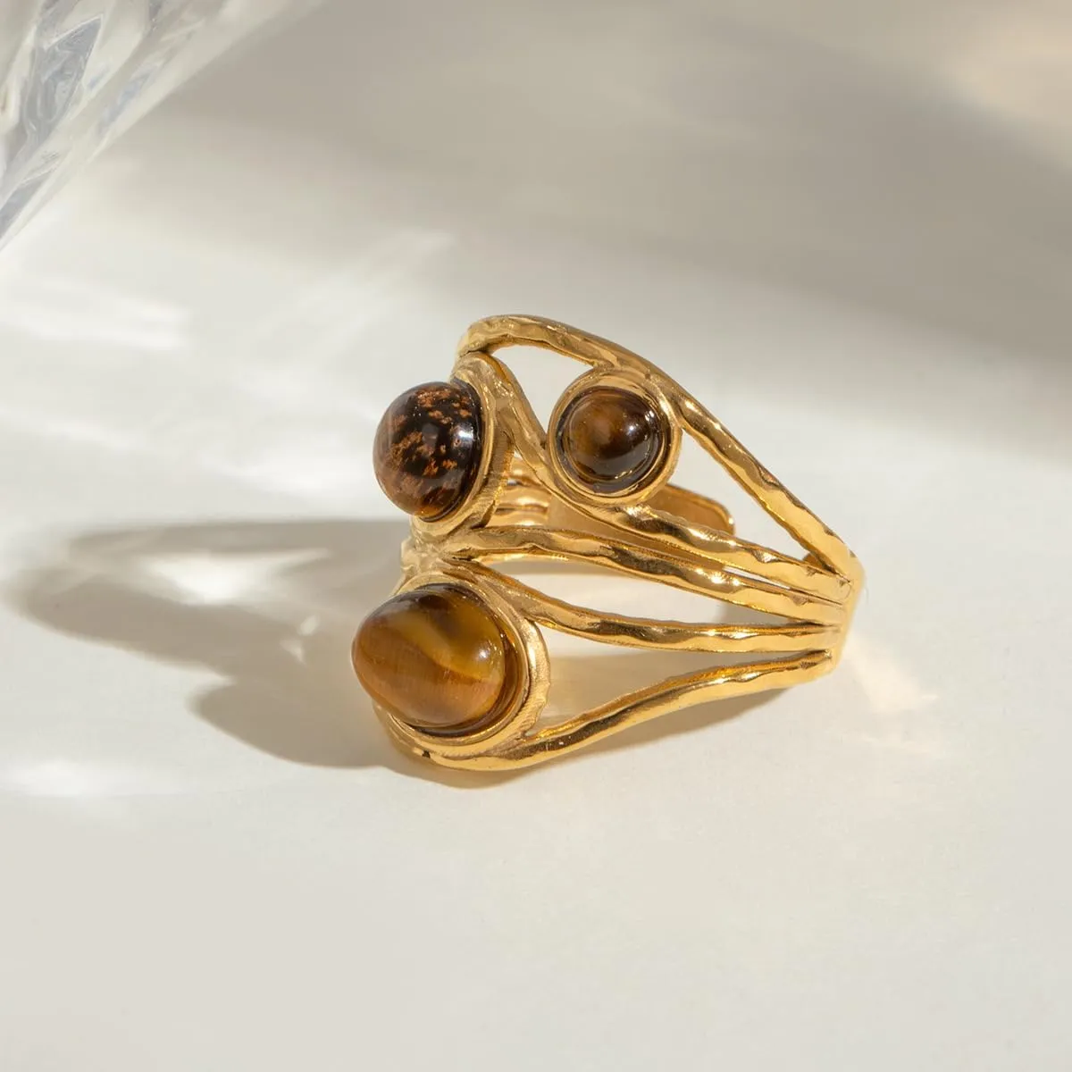 Western Captivating Tiger's Eye Stone Ring, 8 * 10mm Oval Gemstone 18K Gold Plated Stack Wide Ribbed Texture Band Statement Ring for Women Size 8
