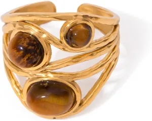 Western Captivating Tiger's Eye Stone Ring, 8 * 10mm Oval Gemstone 18K Gold Plated Stack Wide Ribbed Texture Band Statement Ring for Women Size 8