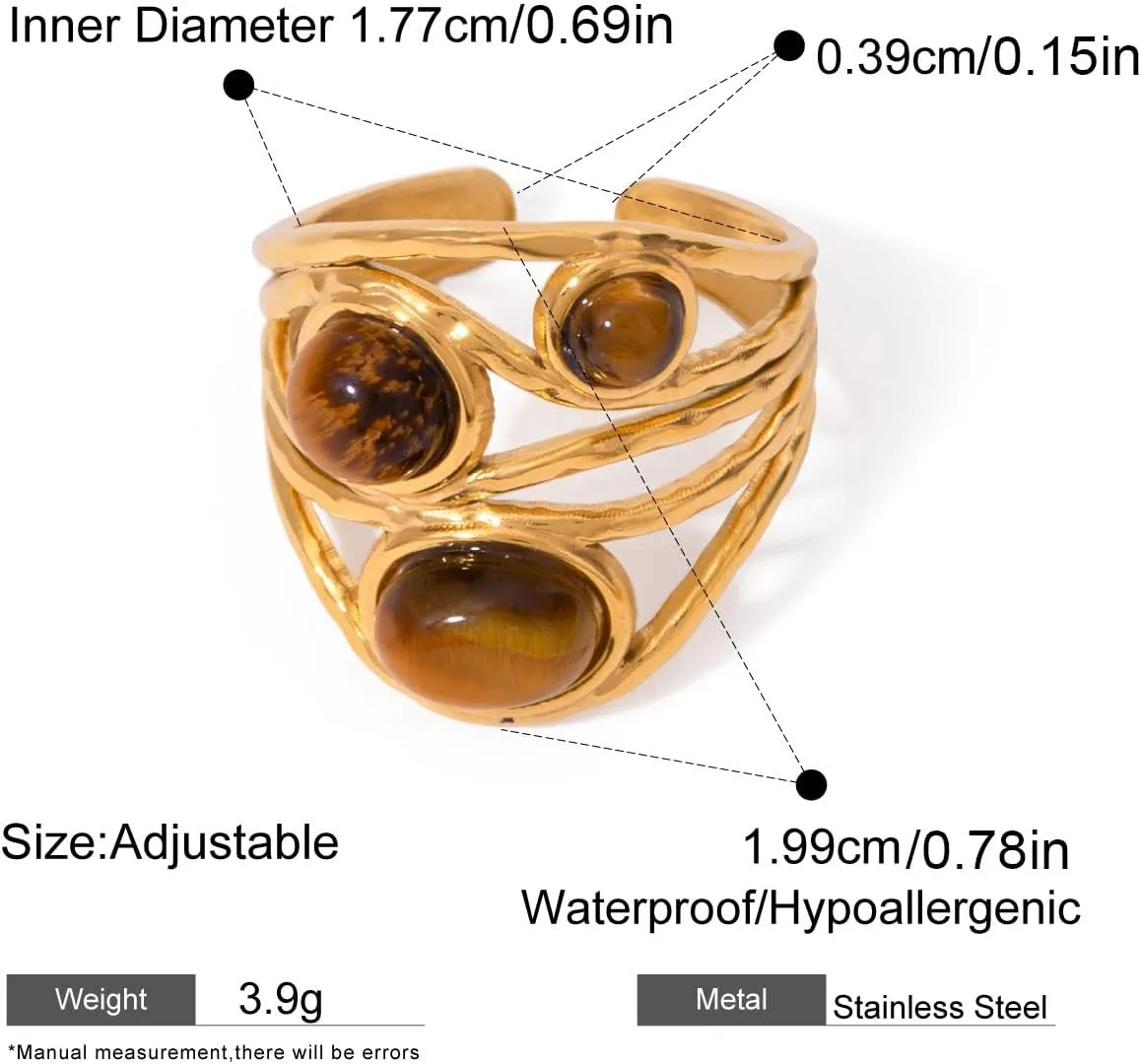 Western Captivating Tiger's Eye Stone Ring, 8 * 10mm Oval Gemstone 18K Gold Plated Stack Wide Ribbed Texture Band Statement Ring for Women Size 8