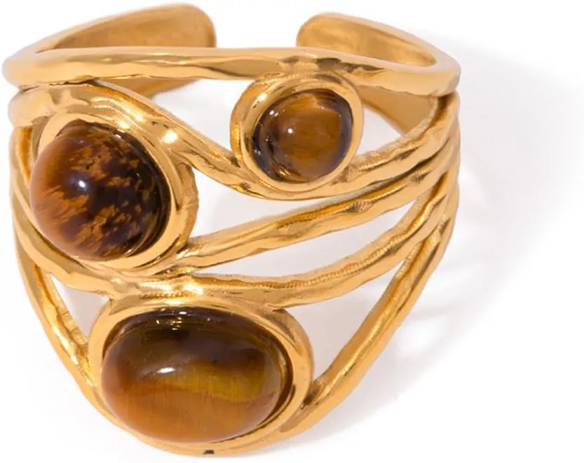 Western Captivating Tiger's Eye Stone Ring, 8 * 10mm Oval Gemstone 18K Gold Plated Stack Wide Ribbed Texture Band Statement Ring for Women Size 8