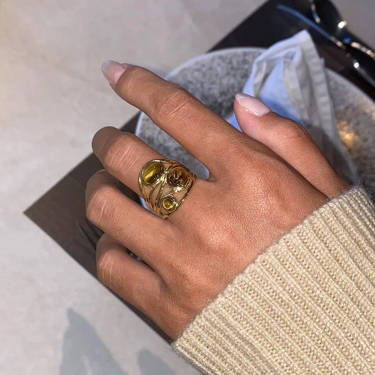 Western Captivating Tiger's Eye Stone Ring, 8 * 10mm Oval Gemstone 18K Gold Plated Stack Wide Ribbed Texture Band Statement Ring for Women Size 8
