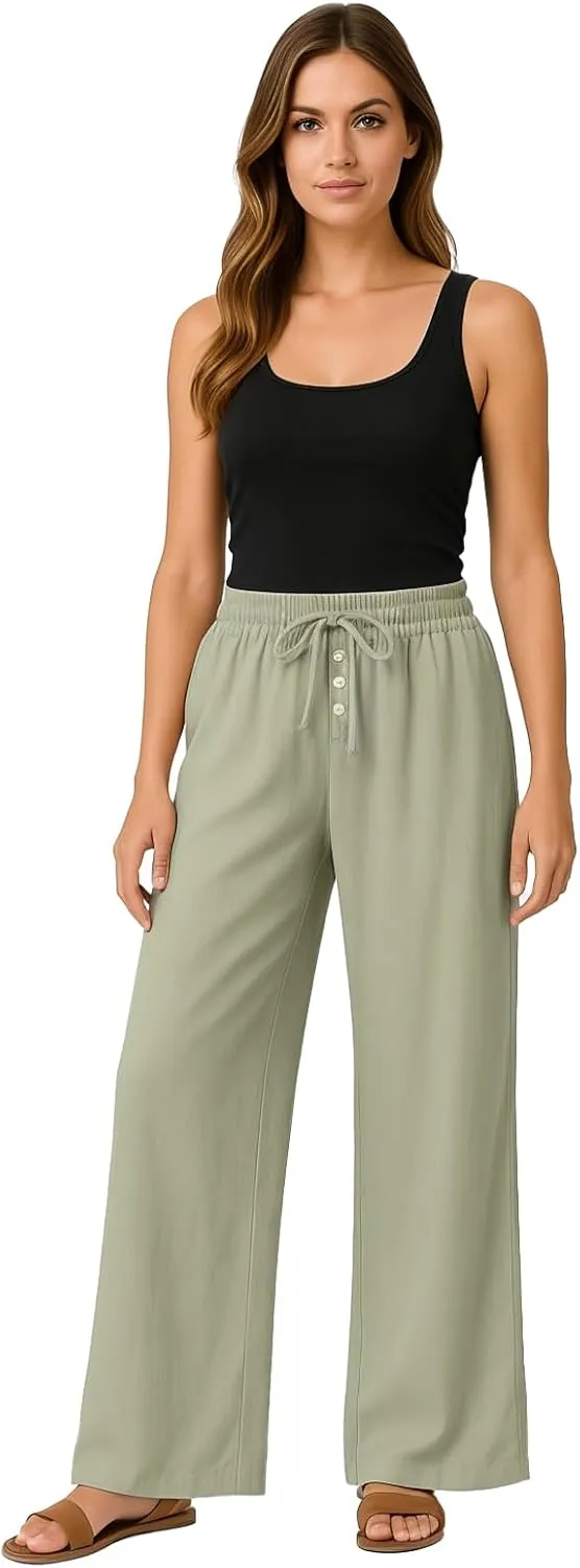 Wide Leg Linen Pants for Women Casual Summer Drawstring Waist Palazzo Pants with Pockets Beach Cover Up Trousers