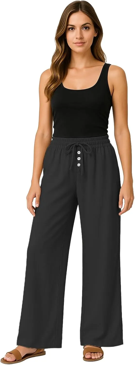 Wide Leg Linen Pants for Women Casual Summer Drawstring Waist Palazzo Pants with Pockets Beach Cover Up Trousers