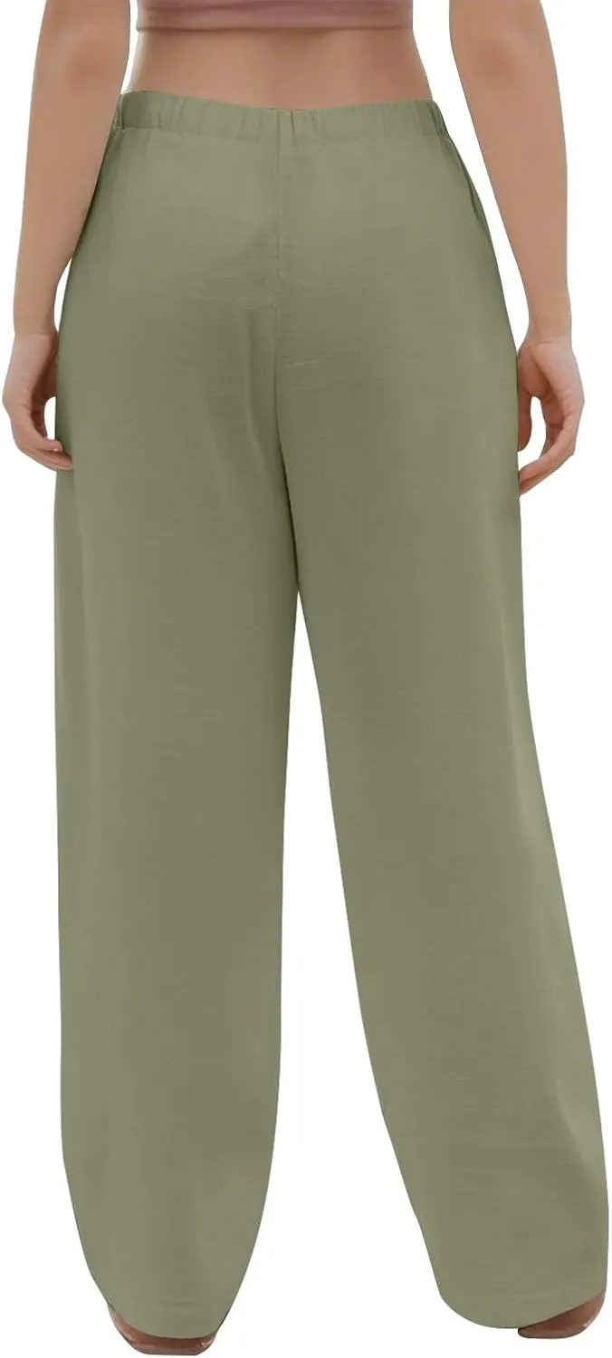 Wide Leg Linen Pants for Women Casual Summer Drawstring Waist Palazzo Pants with Pockets Beach Cover Up Trousers