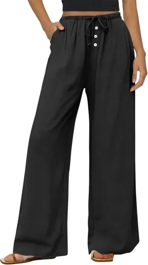 Wide Leg Linen Pants for Women Casual Summer Drawstring Waist Palazzo Pants with Pockets Beach Cover Up Trousers