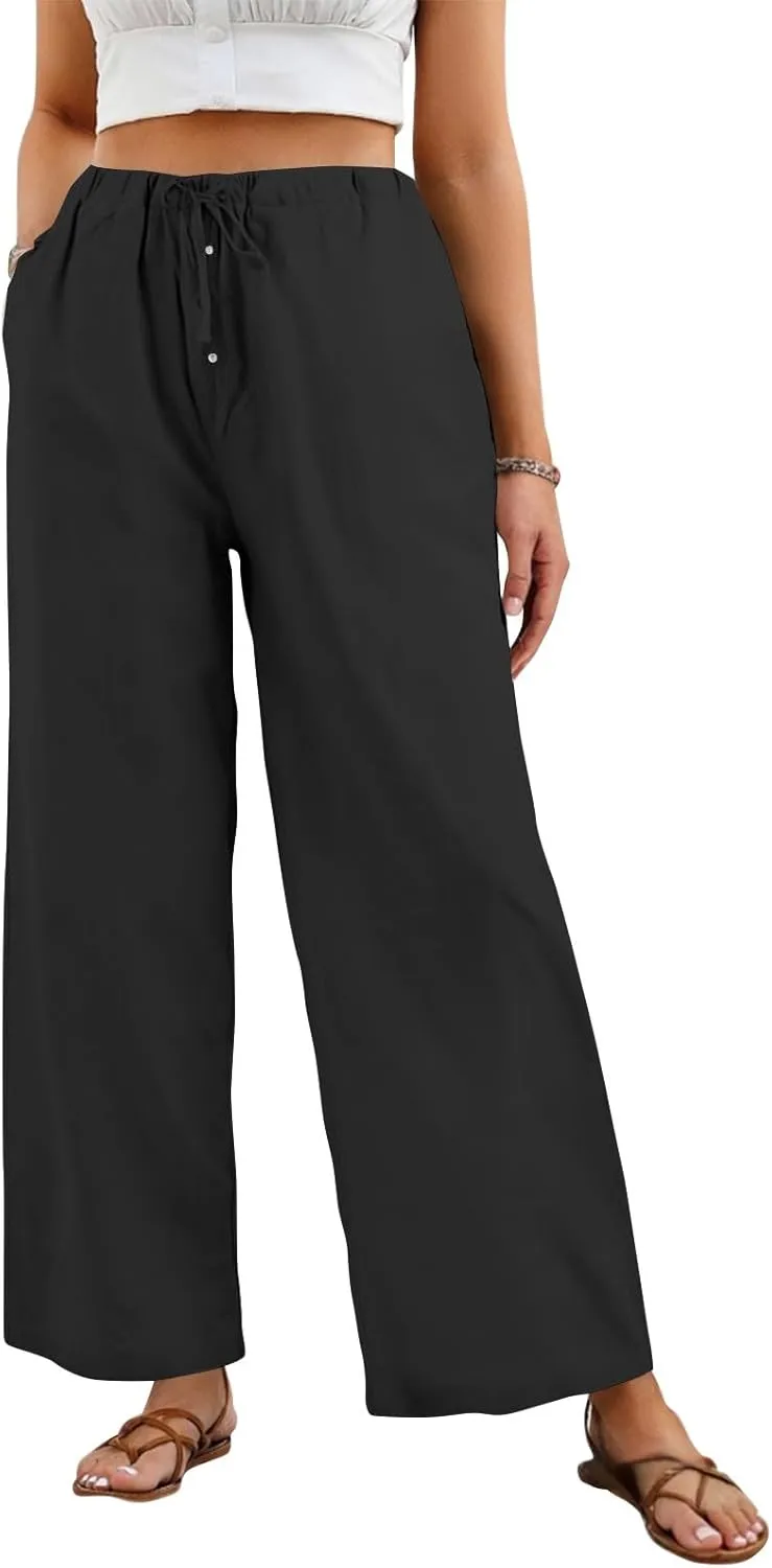 Wide Leg Linen Pants for Women Casual Summer Drawstring Waist Palazzo Pants with Pockets Beach Cover Up Trousers