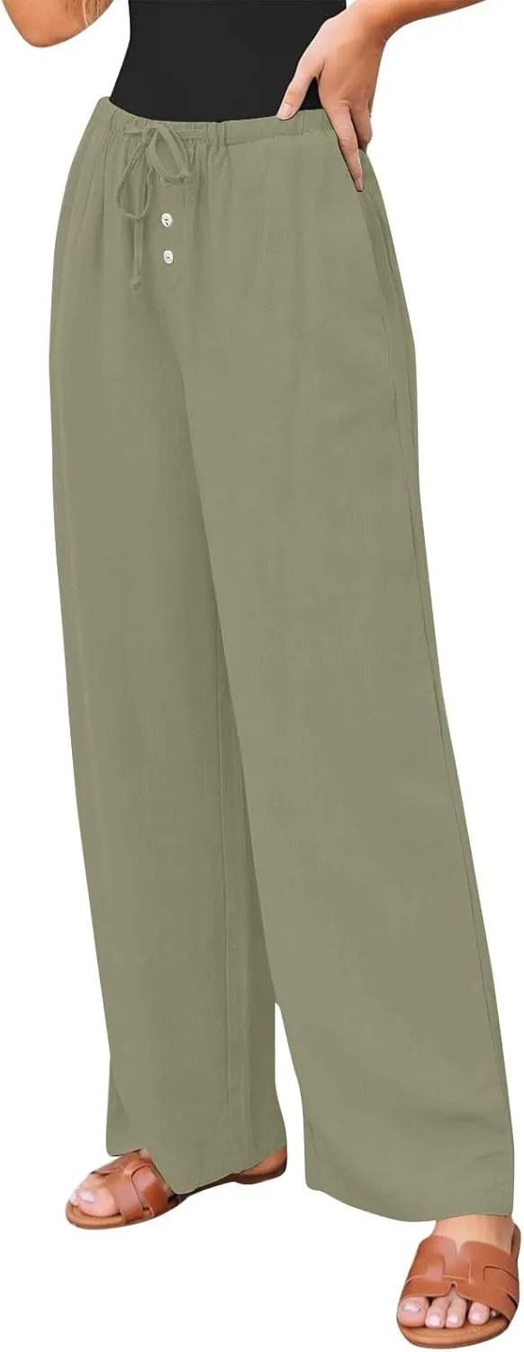 Wide Leg Linen Pants for Women Casual Summer Drawstring Waist Palazzo Pants with Pockets Beach Cover Up Trousers