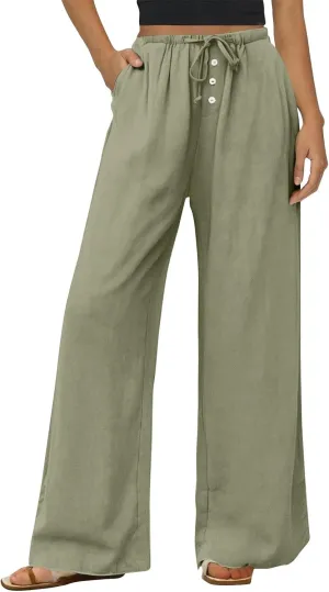 Wide Leg Linen Pants for Women Casual Summer Drawstring Waist Palazzo Pants with Pockets Beach Cover Up Trousers