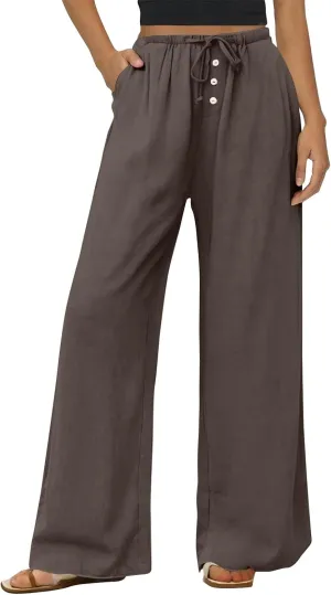Wide Leg Linen Pants for Women Casual Summer Drawstring Waist Palazzo Pants with Pockets Beach Cover Up Trousers