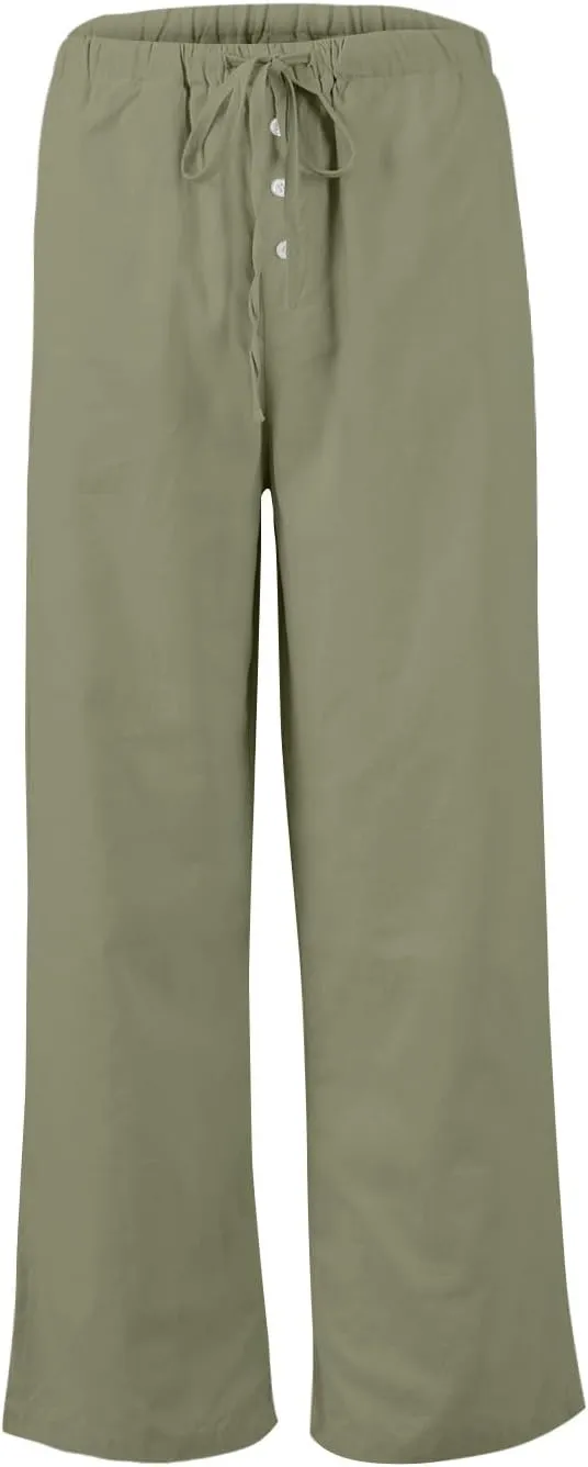 Wide Leg Linen Pants for Women Casual Summer Drawstring Waist Palazzo Pants with Pockets Beach Cover Up Trousers