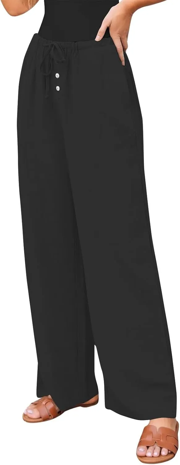 Wide Leg Linen Pants for Women Casual Summer Drawstring Waist Palazzo Pants with Pockets Beach Cover Up Trousers