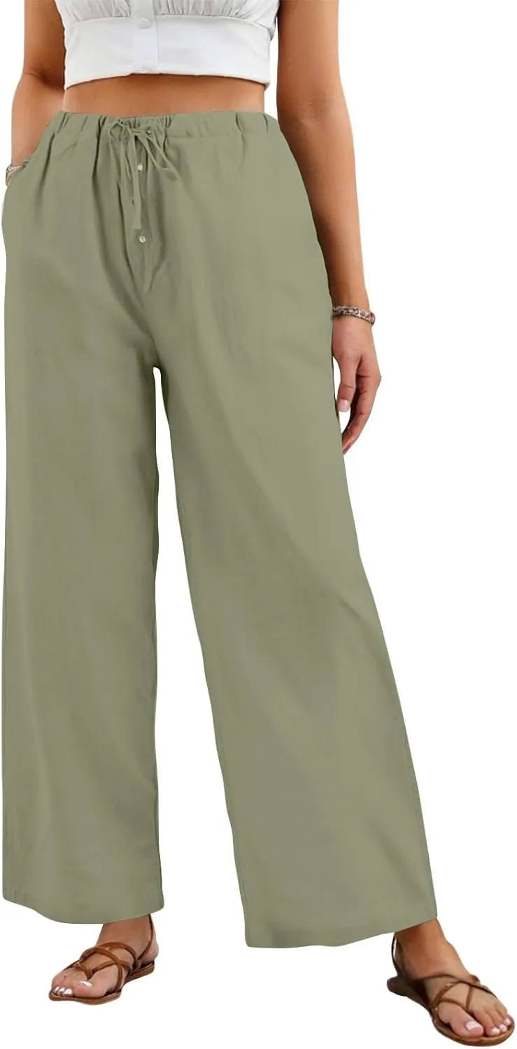 Wide Leg Linen Pants for Women Casual Summer Drawstring Waist Palazzo Pants with Pockets Beach Cover Up Trousers