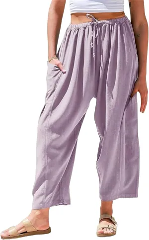 Wide Leg Linen Pants for Women Elastic High Waisted Harem Pant Casual Palazzo Trousers Baggy Beach Bottoms with Pocket