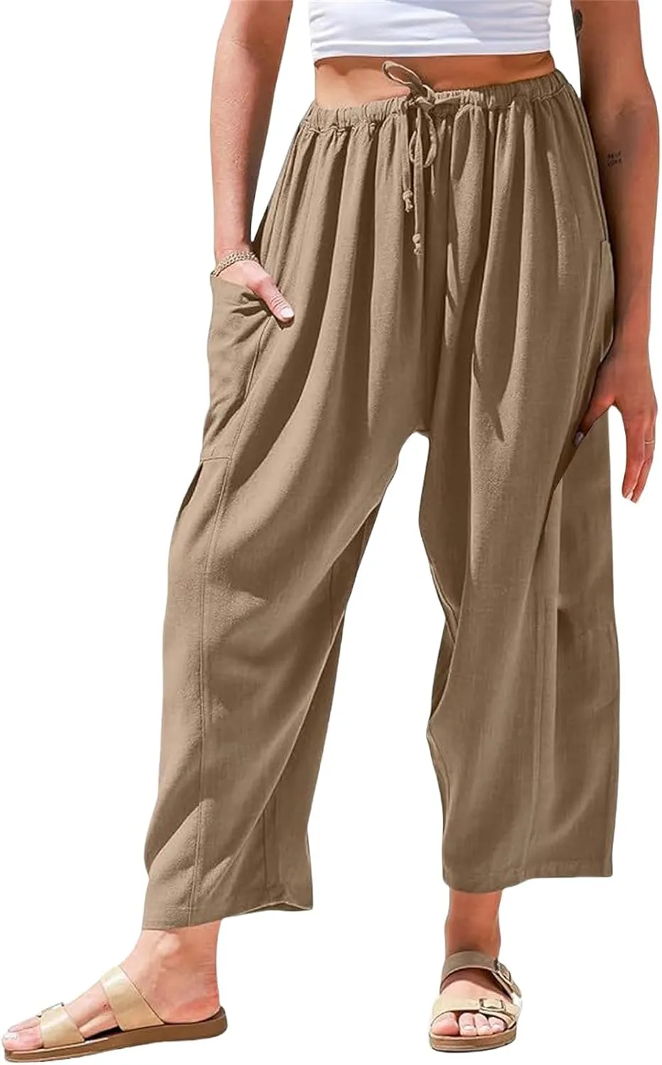 Wide Leg Linen Pants for Women Elastic High Waisted Harem Pant Casual Palazzo Trousers Baggy Beach Bottoms with Pocket