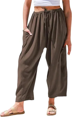 Wide Leg Linen Pants for Women Elastic High Waisted Harem Pant Casual Palazzo Trousers Baggy Beach Bottoms with Pocket