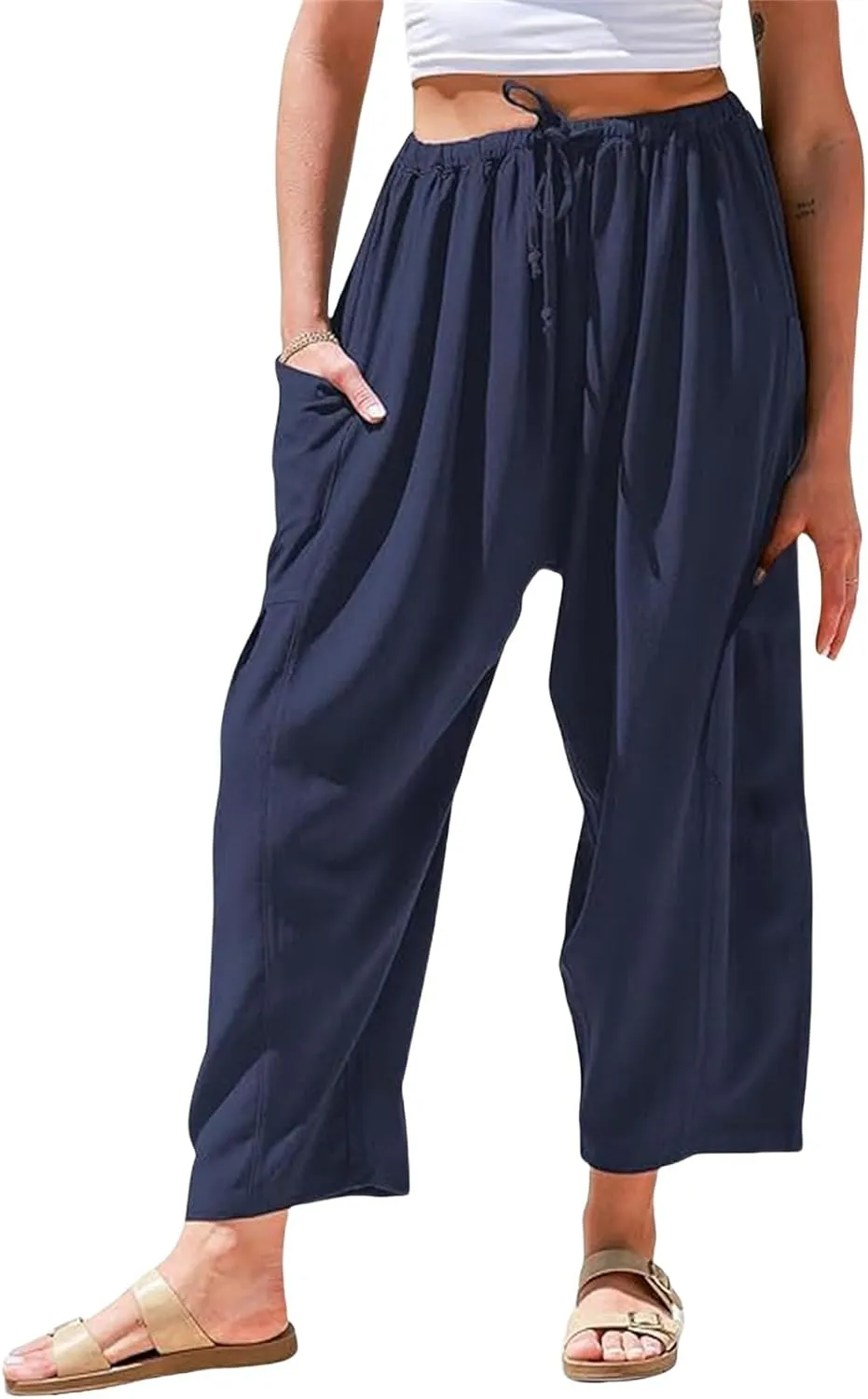 Wide Leg Linen Pants for Women Elastic High Waisted Harem Pant Casual Palazzo Trousers Baggy Beach Bottoms with Pocket