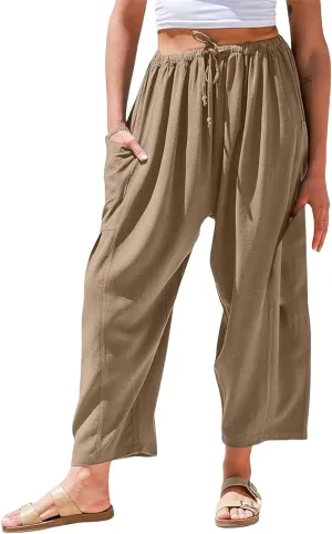 Wide Leg Linen Pants for Women Elastic High Waisted Harem Pant Casual Palazzo Trousers Baggy Beach Bottoms with Pocket