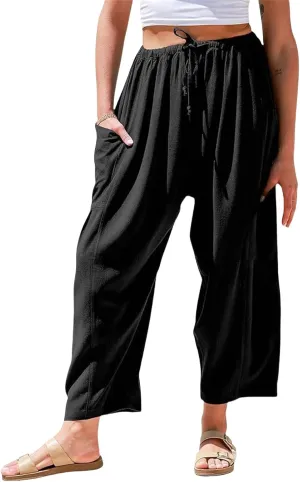 Wide Leg Linen Pants for Women Elastic High Waisted Harem Pant Casual Palazzo Trousers Baggy Beach Bottoms with Pocket