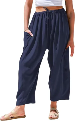 Wide Leg Linen Pants for Women Elastic High Waisted Harem Pant Casual Palazzo Trousers Baggy Beach Bottoms with Pocket