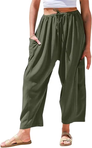 Wide Leg Linen Pants for Women Elastic High Waisted Harem Pant Casual Palazzo Trousers Baggy Beach Bottoms with Pocket