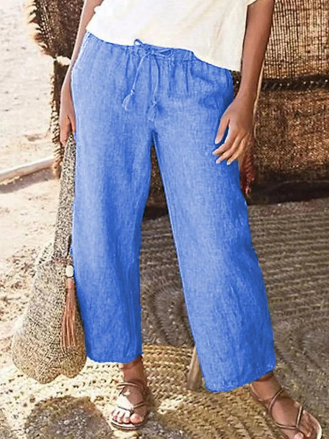 Wide Leg Linen Pants for Women High Waisted Straight Trousers Casual Loose Solid Beach Pant Elastic Waist Bottoms